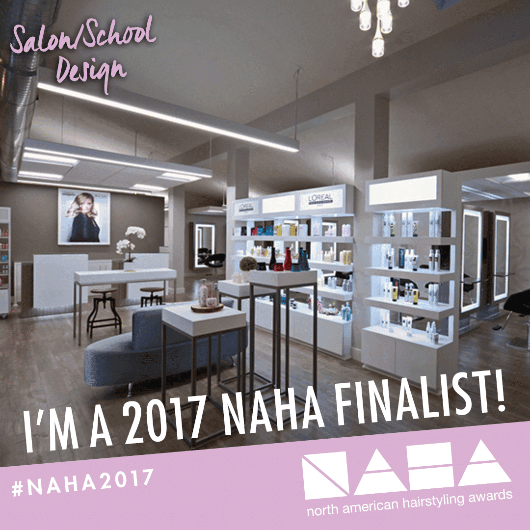 Modern salon interior with hairstyling products and seating. Text: "I'm a 2017 NAHA finalist!